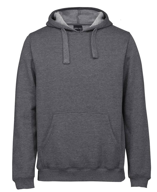 A grey hoodie featuring a drawstring hood and a front pocket. It has a brand logo on the interior.
