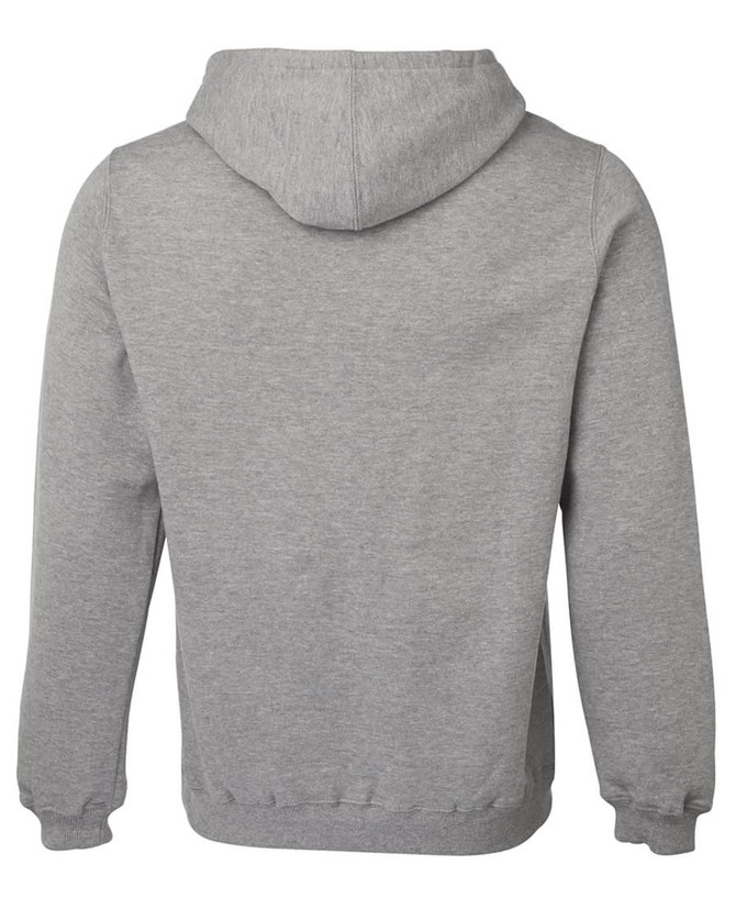 A grey hoodie featuring a hood and long sleeves, with a branding logo on the back.