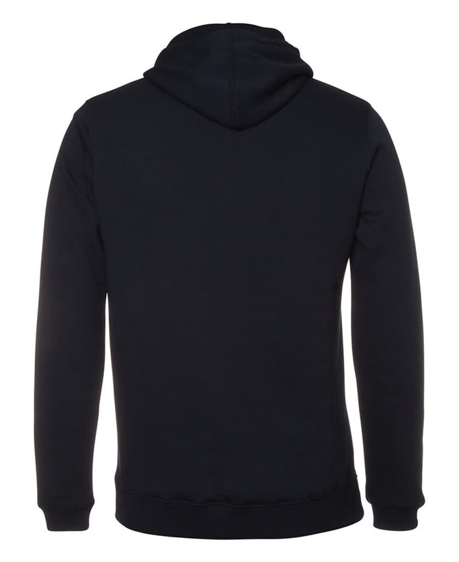 A black hoodie featuring a kangaroo pocket and a hood, with a logo on the back.
