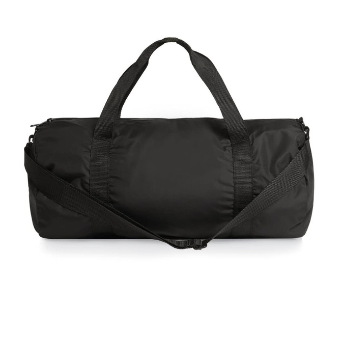 A black recycled light duffel bag with dual handles and an adjustable shoulder strap. It features a logo.