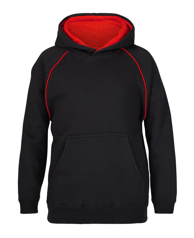 A black hoodie with a red interior and contrasting red stitching, featuring a front pocket and a hood.