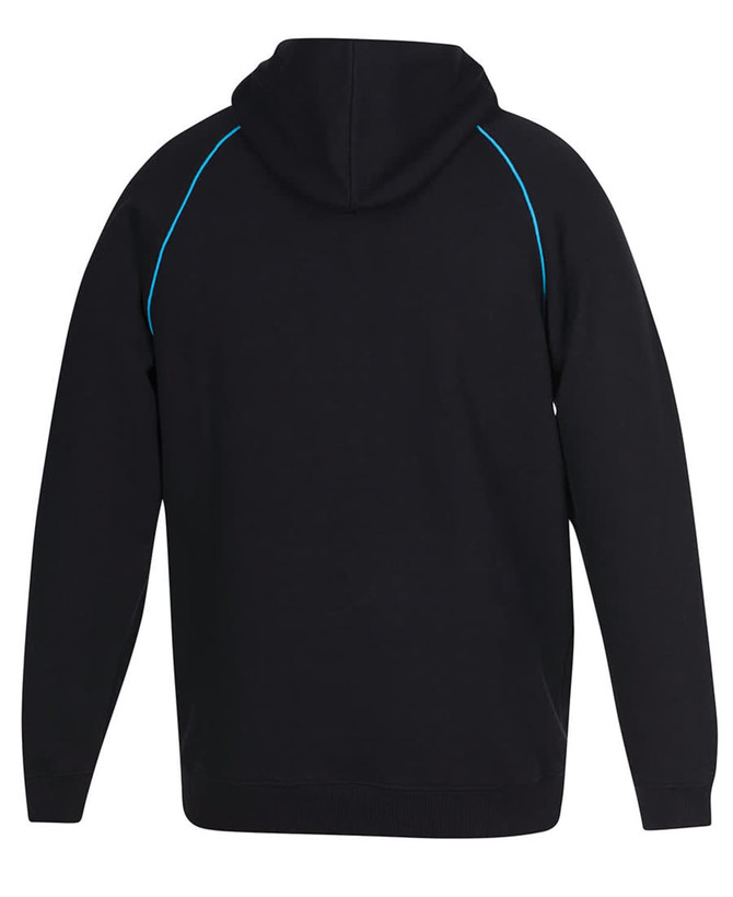 A black hoodie with contrasting blue stitching, featuring a hood and long sleeves. It has a logo on the back.