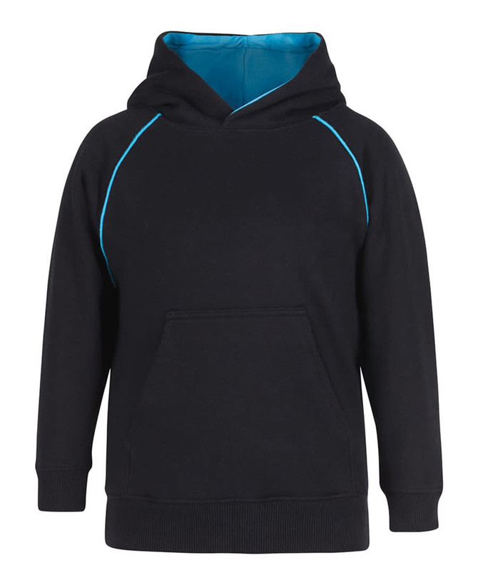 A black hoodie with blue contrast detailing and a front pocket, featuring a hood and ribbed cuffs.