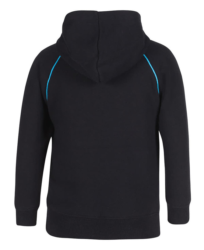 A black hoodie featuring a contrasting blue seam detail and a spacious hood at the back.