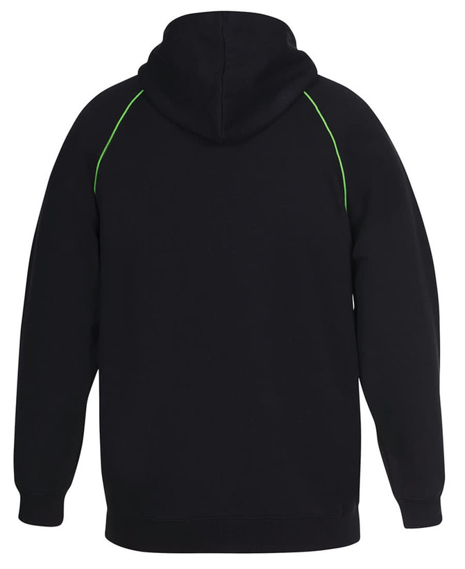 A black hoodie featuring green contrast stitching, with a spacious hood and ribbed cuffs. It has a logo on the back.