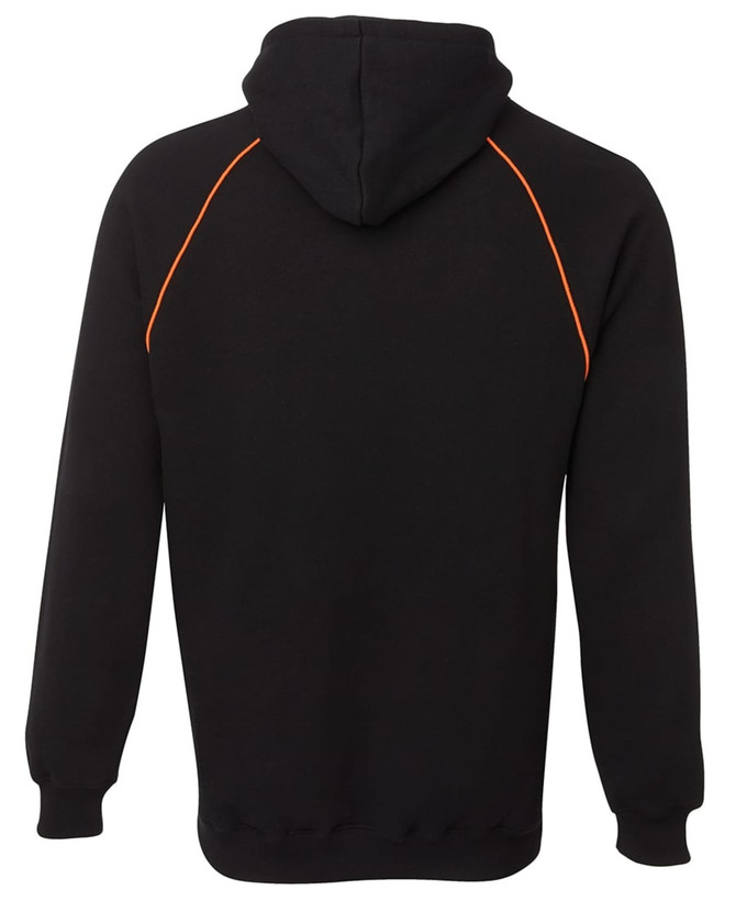 A black hoodie featuring orange contrast stitching along the seams and a hood. It has a branding logo.