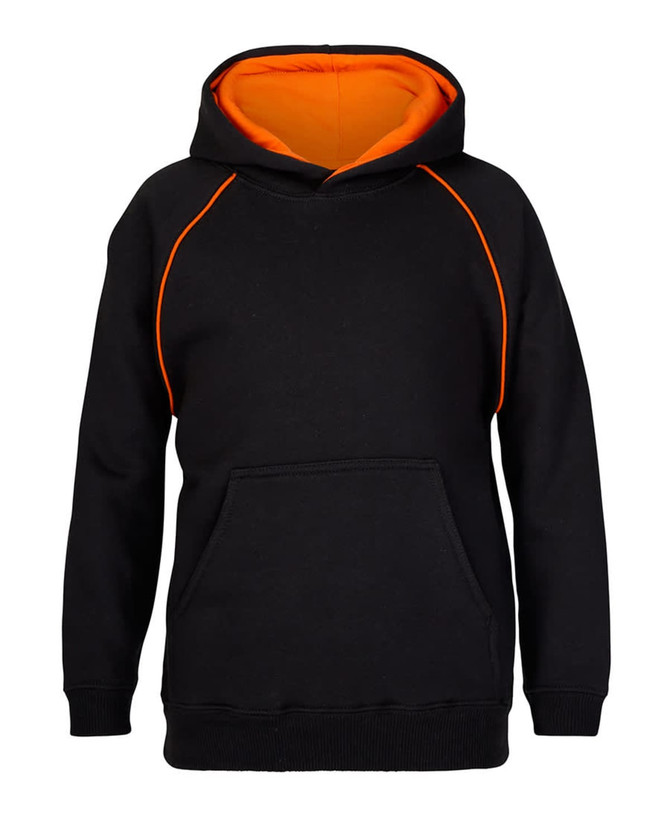 A black hoodie featuring an orange interior and contrasting stitching, complete with a kangaroo pocket and a logo.
