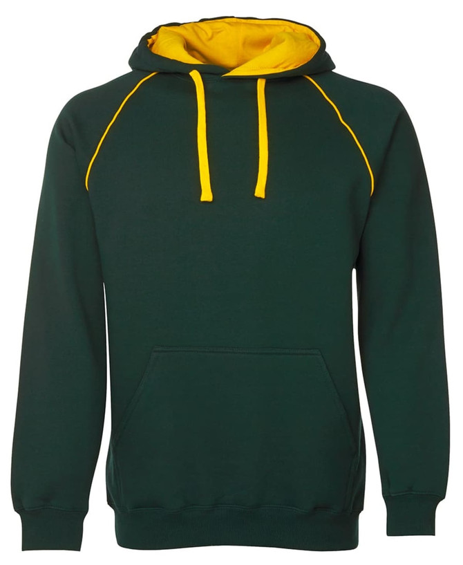 A green hoodie with yellow accents and a kangaroo pocket, featuring a hood and drawstrings. Includes a logo.
