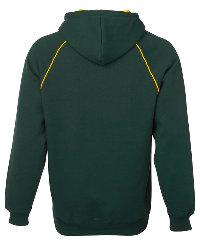 A green hoodie with yellow contrast stitching and a hood, featuring a logo on the back.