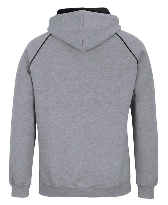 A grey hoodie with a black hood and contrasting details, featuring a logo on the back.
