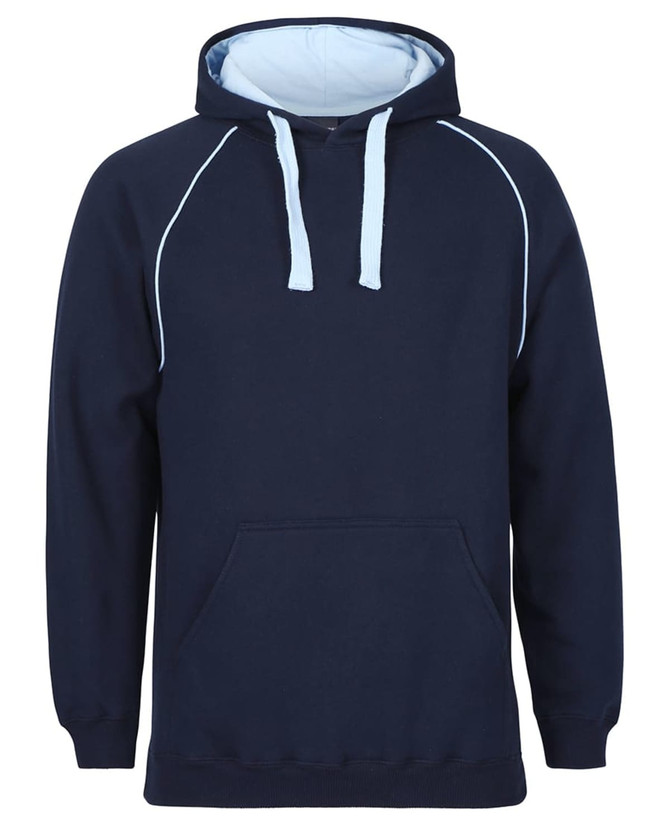 A navy hoodie with light blue accents and a front pocket, featuring a hood and a logo.