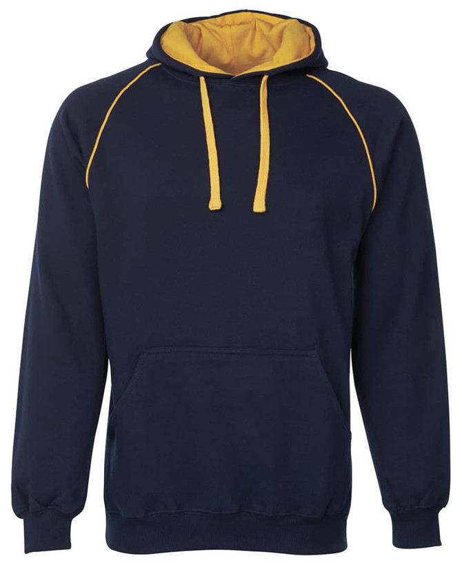A navy hoodie with a contrasting yellow interior and drawstrings, featuring a front pocket and a logo.