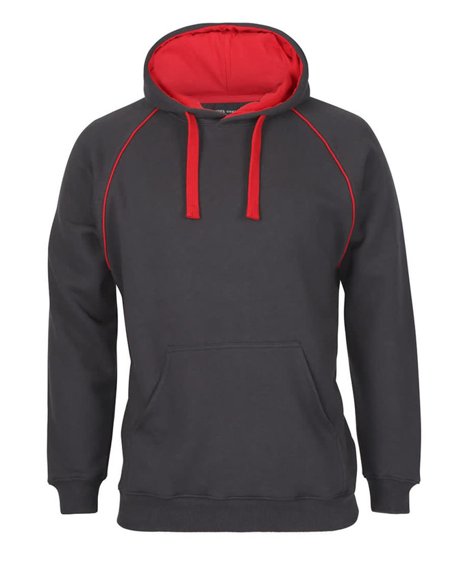 A grey hoodie with a red hood and accents, featuring a front pocket and adjustable drawstrings.
