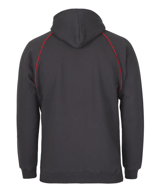 A dark grey hoodie featuring red contrast stitching and a hood, with a logo on the back.