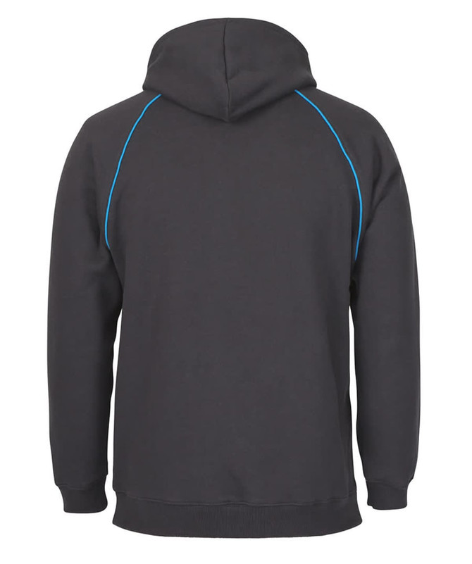 A dark grey hoodie with a blue contrast detail and a hood, featuring a logo on the back.