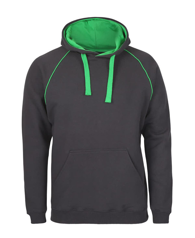 A dark grey hoodie with a green hood and drawstrings, featuring a front pocket and contrasting stitching.