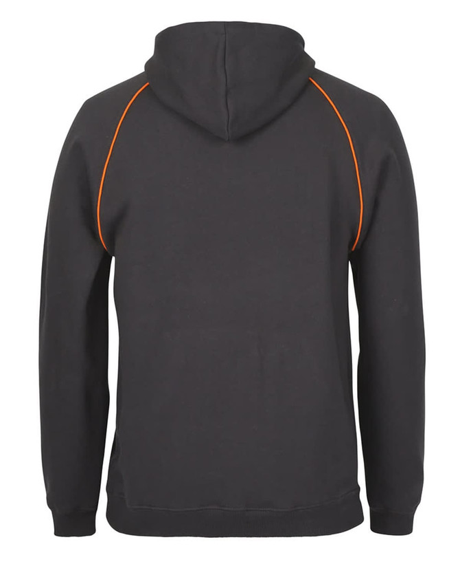 A back view of a black hoodie featuring contrast orange stitching and a hood. It includes a logo.