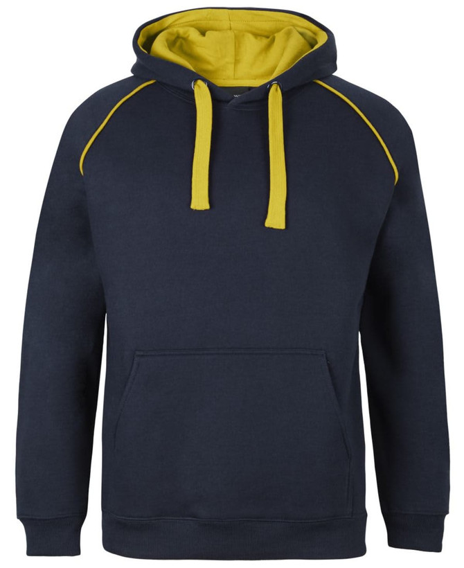 A navy blue hoodie with yellow contrast details and a front pocket. It features a hood and a logo.