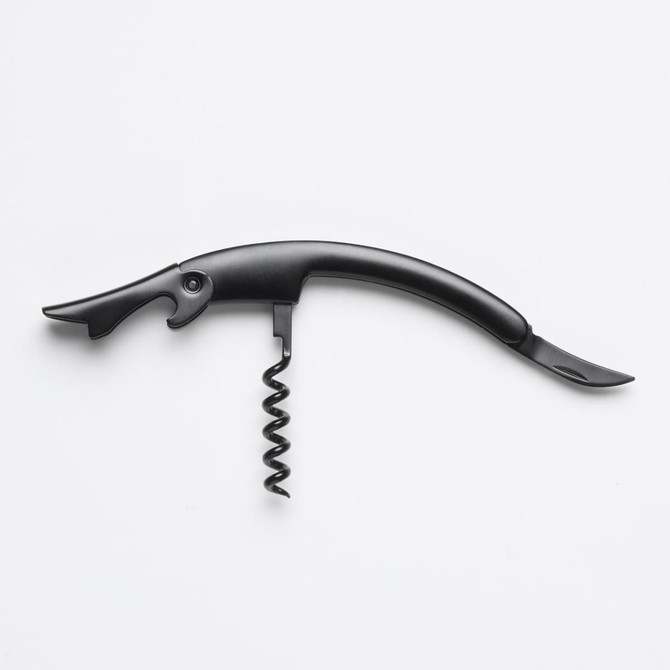 A black corkscrew bottle opener with a curved handle and a spiral corkscrew. It features a built-in knife and a logo.