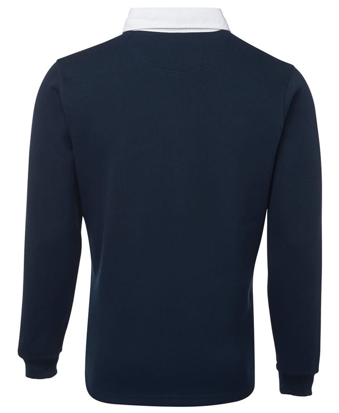 A navy polo shirt with a white collar, featuring long sleeves and a subtle logo.