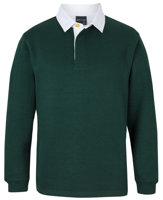 A green long-sleeve polo shirt with a white collar and a logo on the chest.