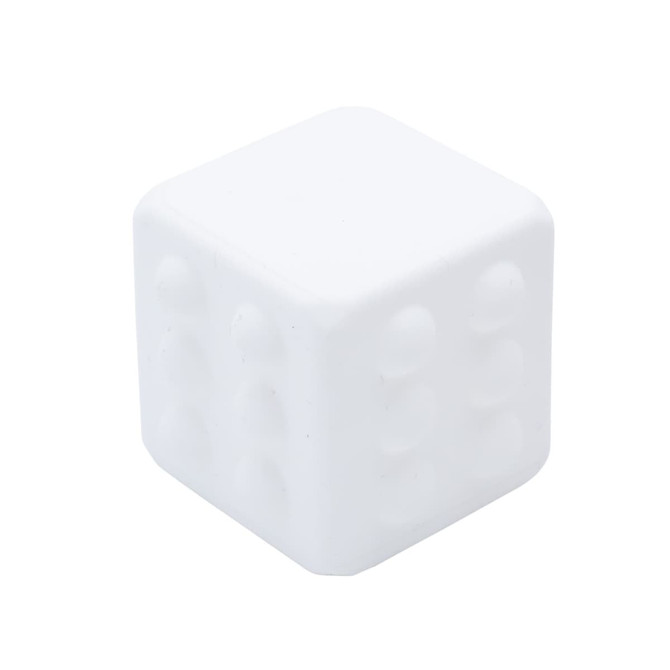 A white cube with a smooth surface and rounded dots on each side, featuring a logo.