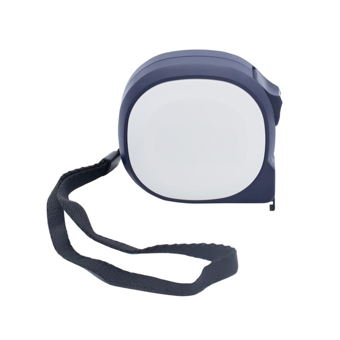 A navy blue tape measure with a strap, featuring a smooth, rounded design and a white measuring tape.