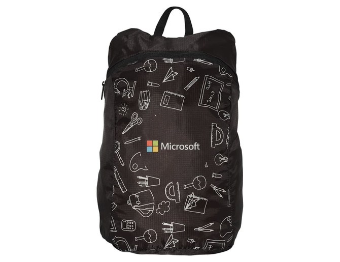A black fold-up backpack featuring white sketches and a logo, ideal for promotional use.