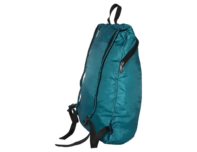 A teal fold-up backpack with black straps and a zippered pocket on the side, featuring a logo.