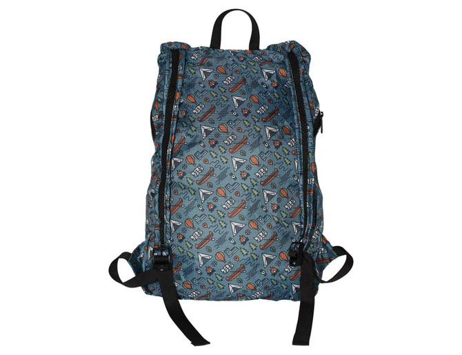 A fold-up backpack in blue with a vibrant pattern featuring various shapes and floral designs. It has black straps and a logo.