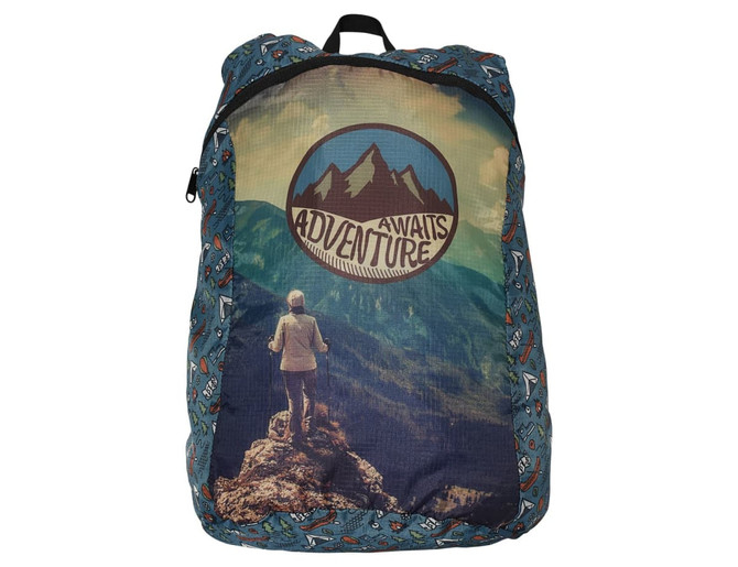 A fold-up backpack featuring a scenic mountain design in blue, with a logo and vibrant patterns.