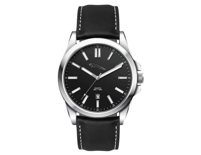 A casual unisex watch featuring a black face, silver hour markers, and a black leather strap with a logo.