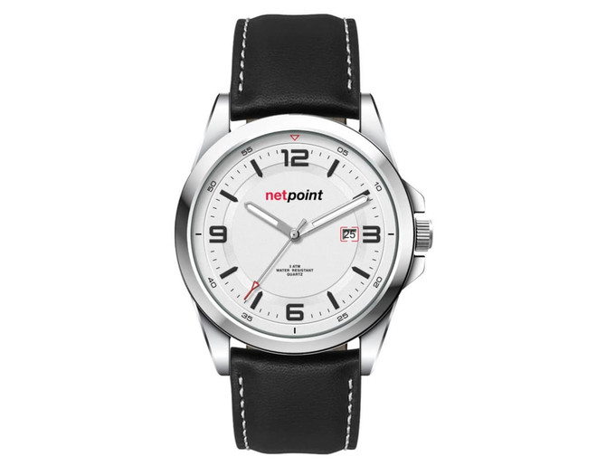 A unisex watch featuring a silver face, black leather strap, and a logo on the dial.