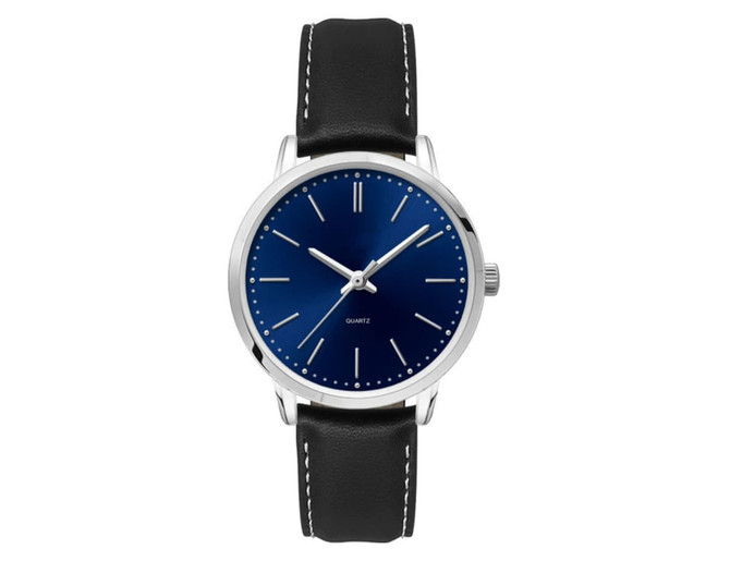 A ladies dress watch featuring a silver case, blue dial, and a black leather strap with white stitching.