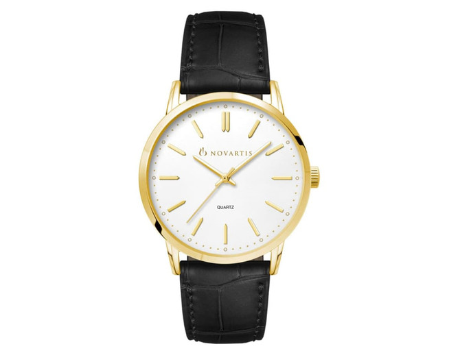 A men's dress watch featuring a gold case, white dial, and a black leather strap. It has a logo on the dial.