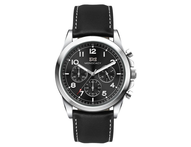 A black unisex watch featuring a leather strap, silver accents, and a black dial with white and red details.