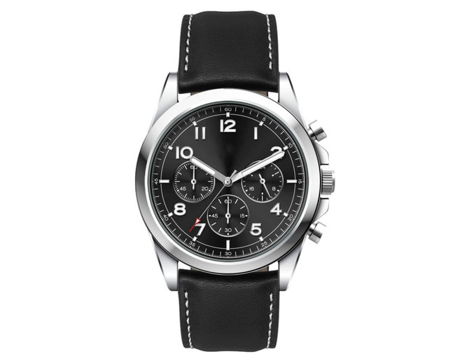 A unisex watch featuring a black leather strap and a silver stainless steel case with a black dial and chronograph functions.