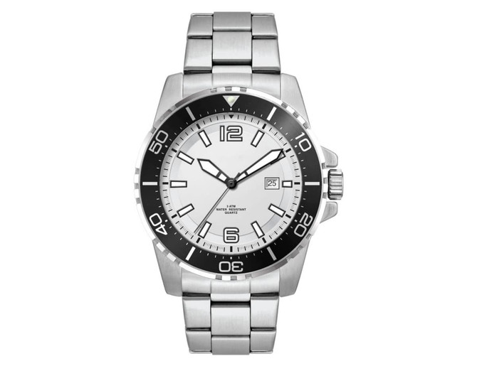 A stainless steel sports watch featuring a white face and black bezel, with a metal strap and a logo.
