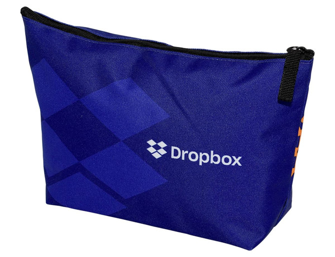 A blue pouch with a zip closure, featuring a logo and a geometric design.