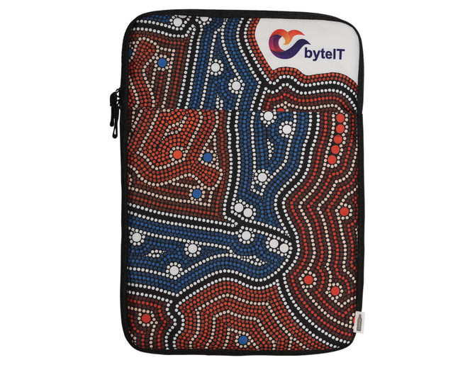 A laptop sleeve featuring a vibrant Aboriginal dot art pattern in red, blue, and black, with a branding logo.