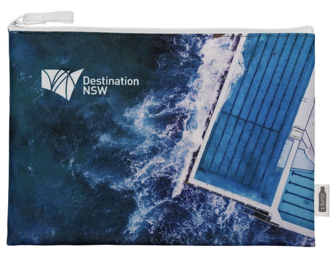 A zipped pouch featuring a design of water and blue accents, with a logo on one side.