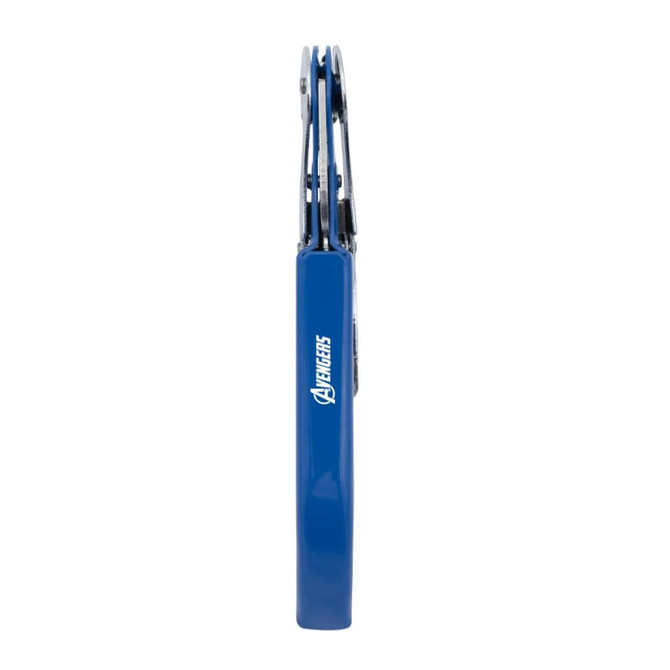 A drink bottle opener in blue and silver, featuring a logo. It has a sleek and compact design.