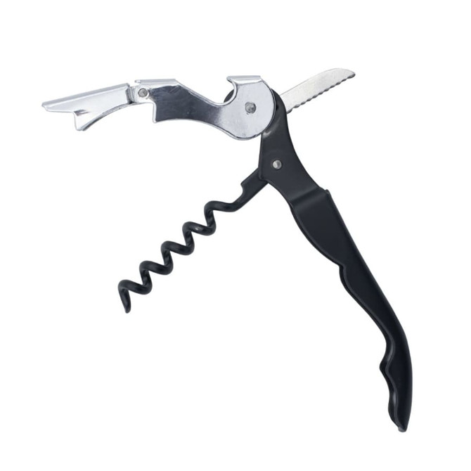 A drink bottle opener in silver and black with a corkscrew and lever function, featuring a logo.