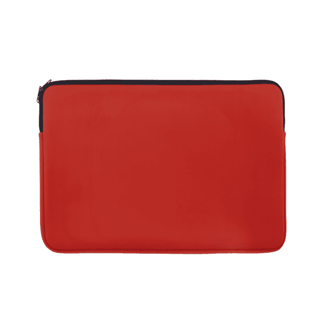 A red laptop sleeve with a black zip closure and a smooth exterior. It features a logo on the front.