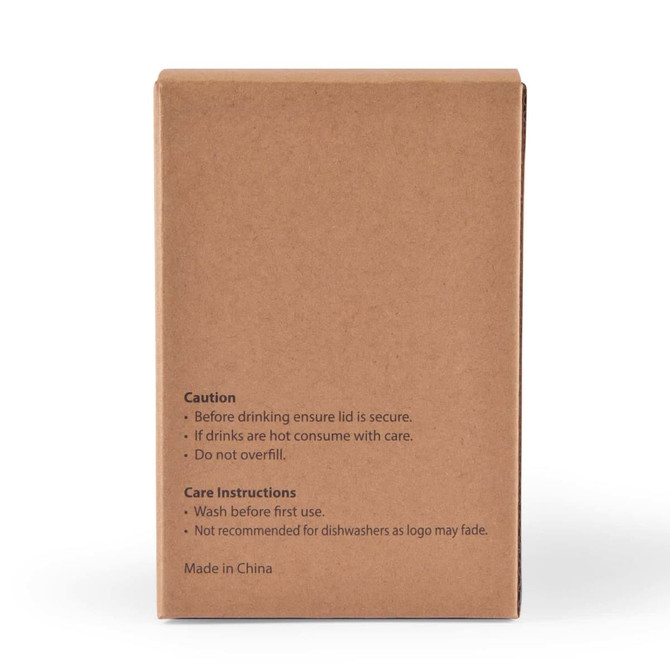A brown cardboard packaging box with care instructions for a reusable coffee cup and a logo.