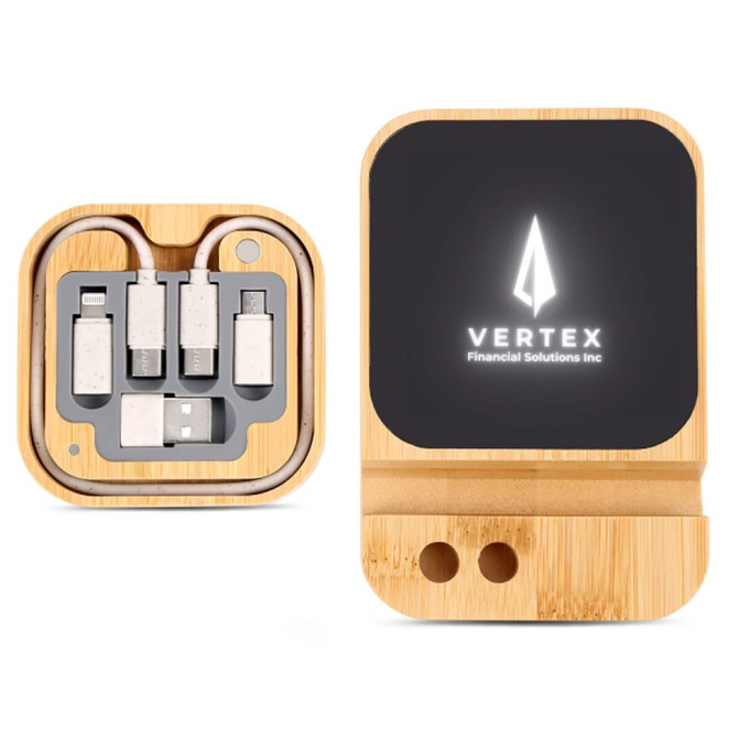 A wireless charger set featuring a sleek bamboo design with multiple charging connectors and a prominent logo.