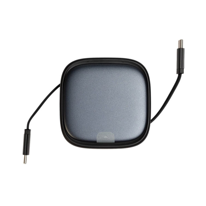 A grey, square retractable cable set with two charging connectors on either side, featuring a logo.