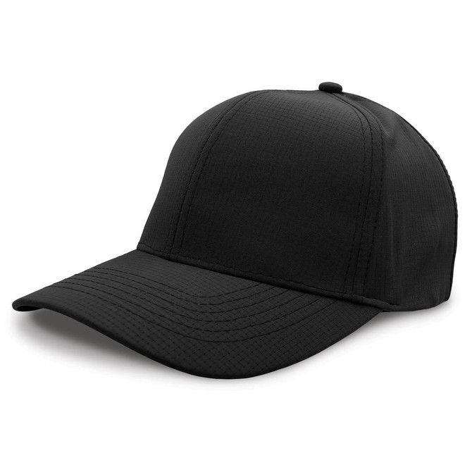 A black cap with a structured design and a curved brim. Features a logo on the side.