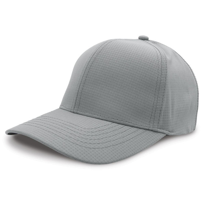 A grey cap with a textured fabric and a curved peak, featuring a branding logo on the side.