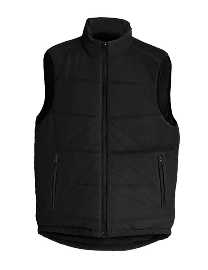 A black men's vest with a zip front and two side pockets, featuring a logo. Perfect for layering.